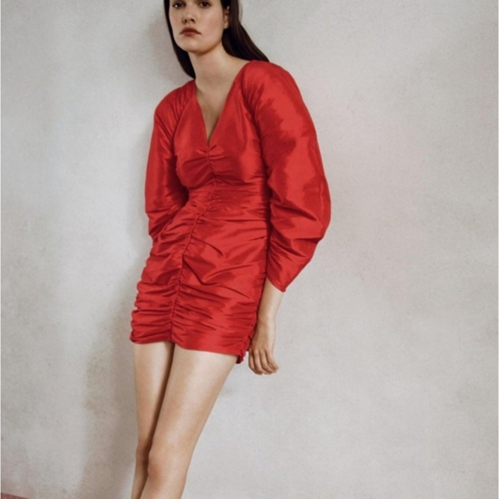 Zara Womens Size Large V-Neck Red Ruched Cocktail Barrel Sleeved Dress Rare NWT